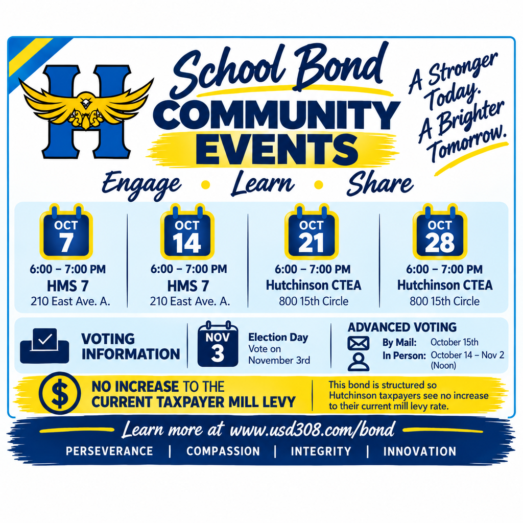 A flyer lists school bond community events on dates with voting details, emphasizing no tax increase and highlighting perseverance, compassion, integrity, and innovation.
