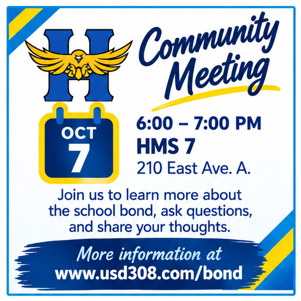 Poster with blue and yellow colors. "Community Meeting" text. Date: Oct 7. Time: 6:00-7:00 PM. Location: HMS 7, 210 East Ave. A.
