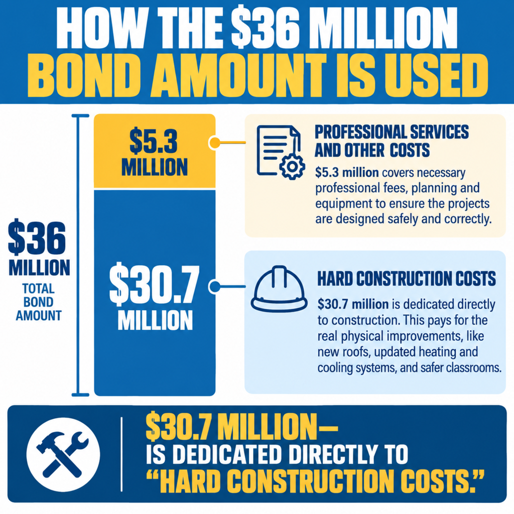 Infographic showing $36 million in total bond amount. $5.3 million for professional services, $30.7 million for construction.