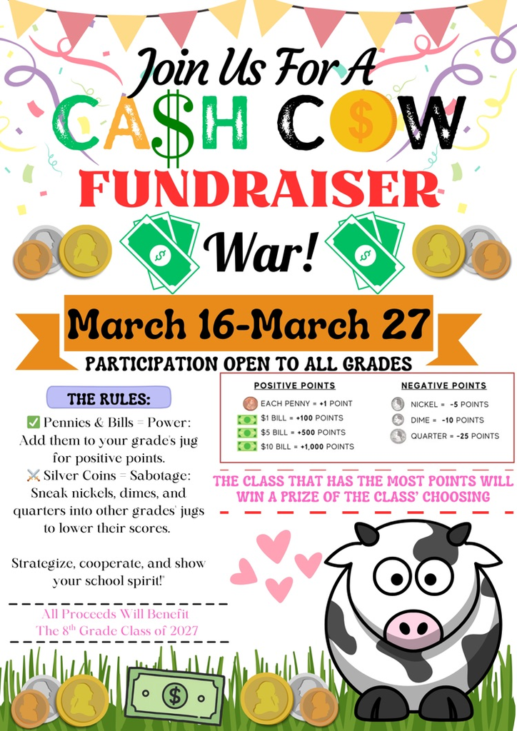 Cashcow war start today! Have your student bring in all their change for a chance to win an awesome class prize!