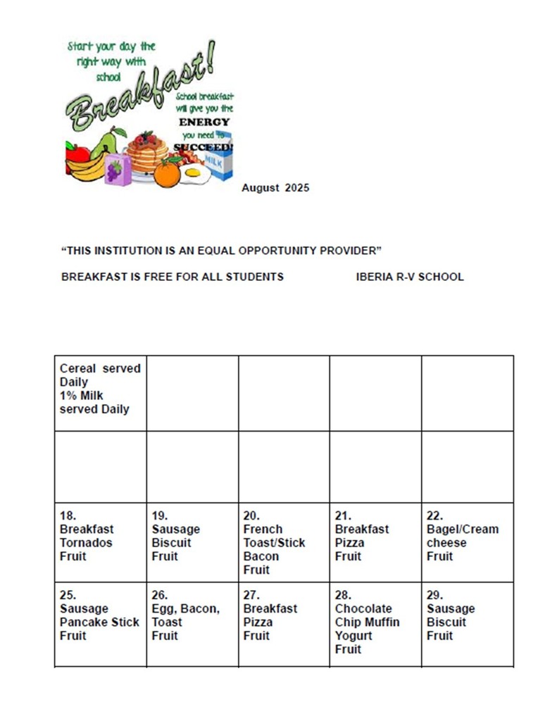 Iberia R-V August Lunch/Breakfast Menu
