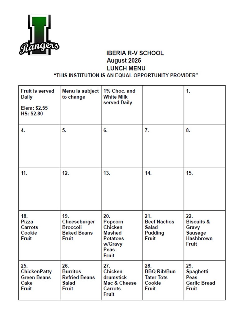 Iberia R-V August Lunch/Breakfast Menu