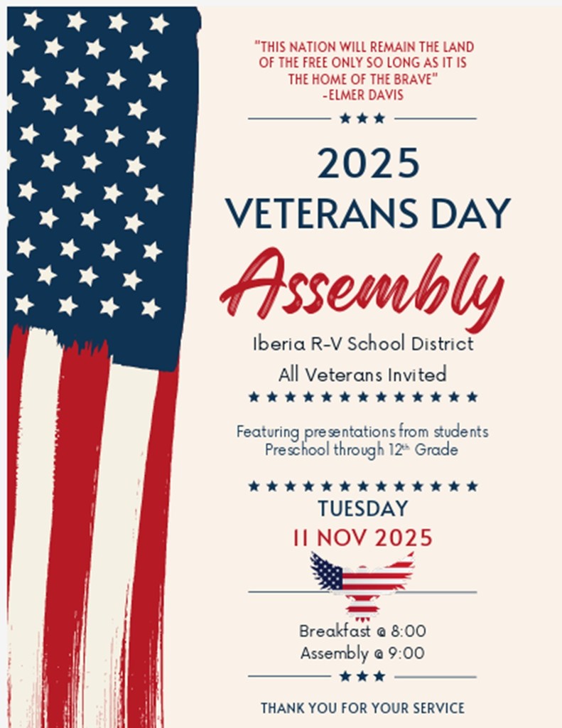 We want to honor our Veterans. We invite Veterans to come November 11th, Breakfast at 8 AM with an assembly following at 9 AM. Thank you for your service.