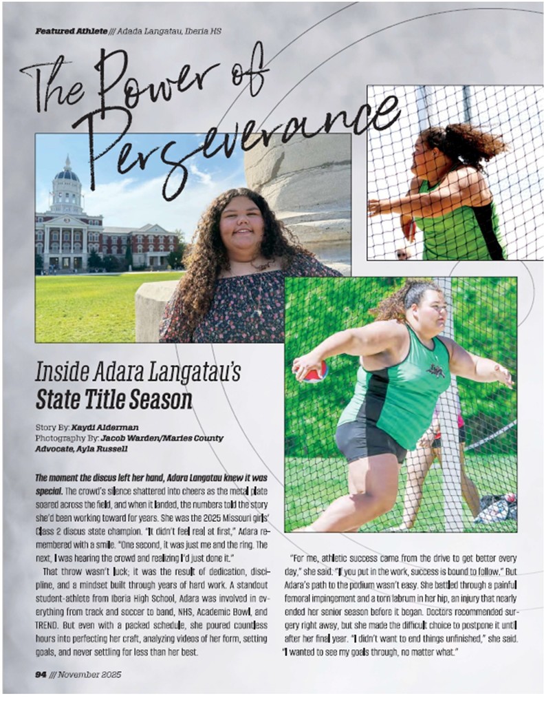 Show-Me Sports did a great article on Adara Langatau's State Tile Season. Check it out!  You can access the full digital version anytime by visiting our website: https://showmesportsmagazine.com. 