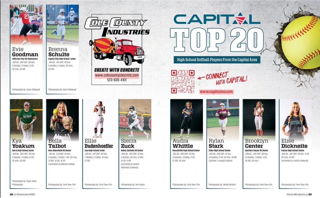 Kya Yoakum also made the Top 20 Softball Players in Show-Me Sports Magazine.   You can access the full digital version anytime by visiting our website: https://showmesportsmagazine.com. 