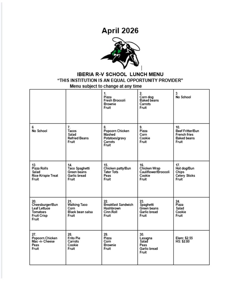 Iberia R-V April Breakfast and Lunch Menus