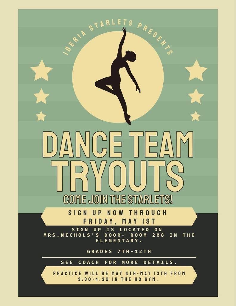 Starlets Dance Team Tryouts signup is happening now through Friday May 1st. Sign up is located on Mrs. Nichols's door, Room 208 in the Elementary. Grades 7-12 th. Practice will be May 4th - 13th from 3:30 -4:30 PM in the HS Gym. 