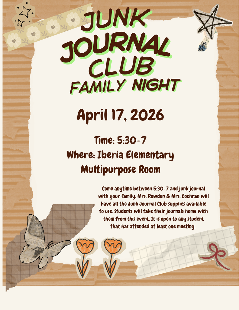 Join us for Junk Journal Club Family Night on April 17th from 5:30–7:00 PM in the Elementary Multipurpose Room! Bring your family and enjoy a fun evening of junk journaling together. Open to any student that has attended at least one Junk Journal meeting.