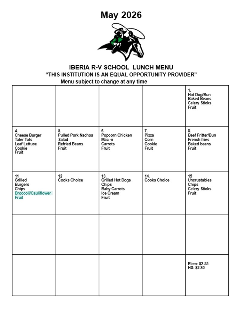 Iberia R-V Breakfast and Lunch Menu for May