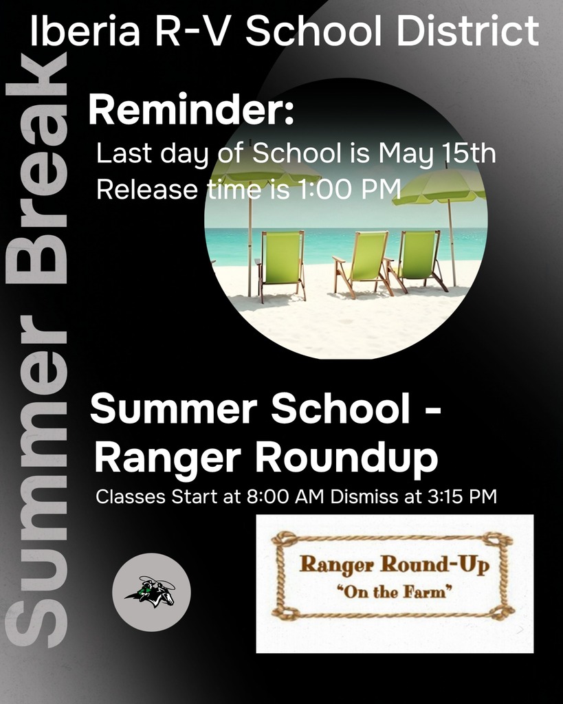 Reminder: The last day of school is tomorrow May 15th. Classes dismiss at 1:00 PM.  Summer School starts May 19th. 