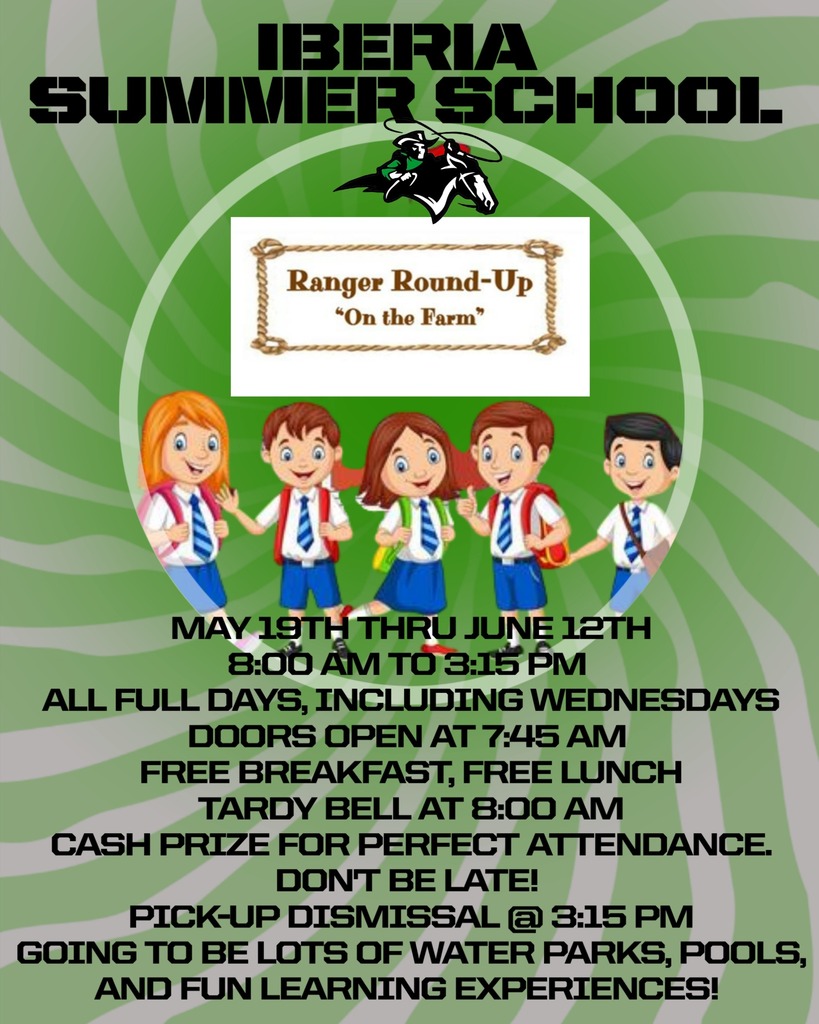 MAY 19TH THRU JUNE 12TH 8:00 AM TO 3:15 PM  ALL FULL DAYS, INCLUDING WEDNESDAYS DOORS OPEN AT 7:45 AM  FREE BREAKFAST, FREE LUNCH TARDY BELL AT 8:00 AM CASH PRIZE FOR PERFECT ATTENDANCE. DON'T BE LATE!  PICK-UP DISMISSAL @ 3:15 PM GOING TO BE LOTS OF WATER PARKS, POOLS, AND FUN LEARNING EXPERIENCES! 