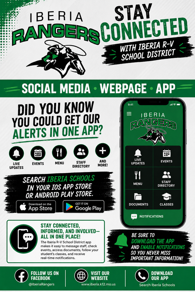 📱 Did You Know? Iberia R-V School District Has an App! 📱 Stay connected with everything happening at Iberia R-V School District right from your phone! With our app, you'll never miss: 📢 School announcements 🏈 Game schedules and updates 🍎 Breakfast and lunch menus 📅 Events and activities 📰 District news …and so much more! Download the Iberia R-V School District app today and stay connected wherever you are. 💙 Stay informed. Stay connected. Stay Ranger Proud! 💛 #RangerPride #IberiaRV #StayConnected #SchoolApp