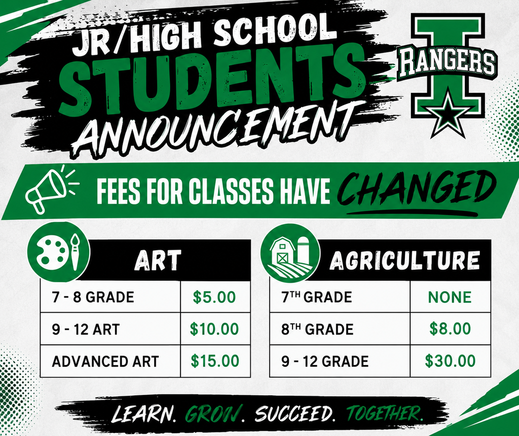 Class Fees have hcnaged. Art 7 - 8 Grade - $5.00 9 - 12 Art - $10.00 Advanced Art - $15.00 Agriculture 7th Grade - None 8th Grade - $8.00 9 - 12 Grade $30.00