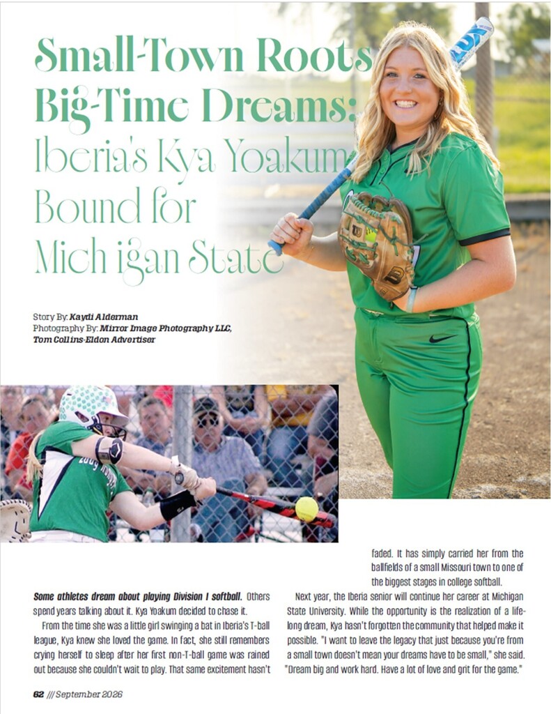 🌟 Ranger Pride! 💚 We’re excited to share that our very own Kya Yoakum was featured in this month’s Show-Me Sports Magazine! 🏐 “Small-Town Roots, Big-Time Dreams: Iberia’s Kya Yoakum Bound for Michigan State” What an incredible accomplishment! We are so proud to see Kya representing Iberia and chasing her dreams at the next level. Congratulations, Kya! Once a Ranger, always a Ranger! 💚🏐 #RangerPride #IberiaRangers #MichiganState