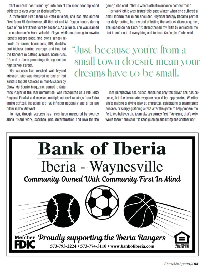 🌟 Ranger Pride! 💚 We’re excited to share that our very own Kya Yoakum was featured in this month’s Show-Me Sports Magazine! 🏐 “Small-Town Roots, Big-Time Dreams: Iberia’s Kya Yoakum Bound for Michigan State” What an incredible accomplishment! We are so proud to see Kya representing Iberia and chasing her dreams at the next level. Congratulations, Kya! Once a Ranger, always a Ranger! 💚🏐 #RangerPride #IberiaRangers #MichiganState