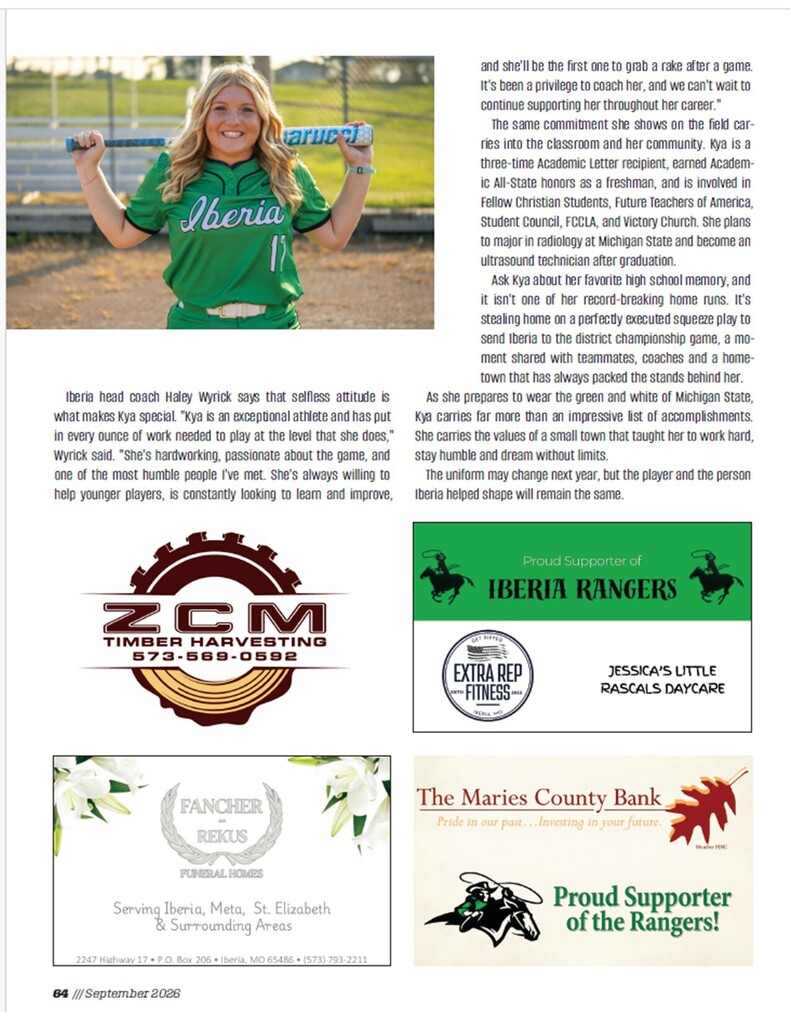 🌟 Ranger Pride! 💚 We’re excited to share that our very own Kya Yoakum was featured in this month’s Show-Me Sports Magazine! 🏐 “Small-Town Roots, Big-Time Dreams: Iberia’s Kya Yoakum Bound for Michigan State” What an incredible accomplishment! We are so proud to see Kya representing Iberia and chasing her dreams at the next level. Congratulations, Kya! Once a Ranger, always a Ranger! 💚🏐 #RangerPride #IberiaRangers #MichiganState