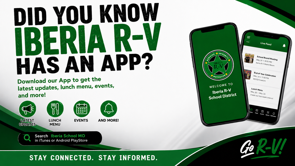 📱 Stay Connected with Iberia R-V! If you live in the Iberia community and would like to receive school notifications, announcements, and updates, download our Iberia R-V app today! Our app is available in both the Google Play Store and the Apple App Store. 🔔 Download the app, turn on notifications, and stay up to date with what’s happening at Iberia R-V! 💚 #IberiaRangers #StayConnected #RangerPride