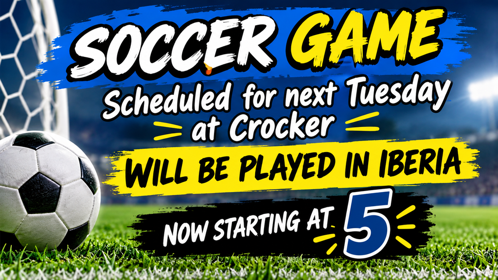 Soccer game scheduled for next Tuesday at Crocker  will be played in iberia now starting at 5. 
