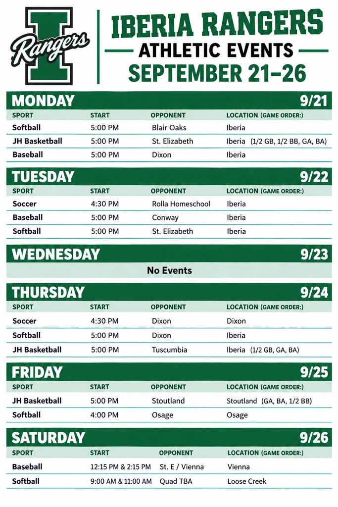 sports weekly schedule, sept 20-26