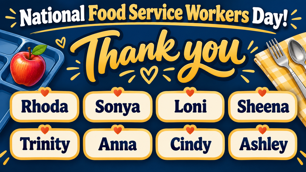 🍎 It’s National Food Service Workers Day!  Thank you to Rhoda, Sonya, Loni, Sheena, Trinity, Anna, Cindy, and Ashley for all you do for our students every day. We appreciate you! ❤️