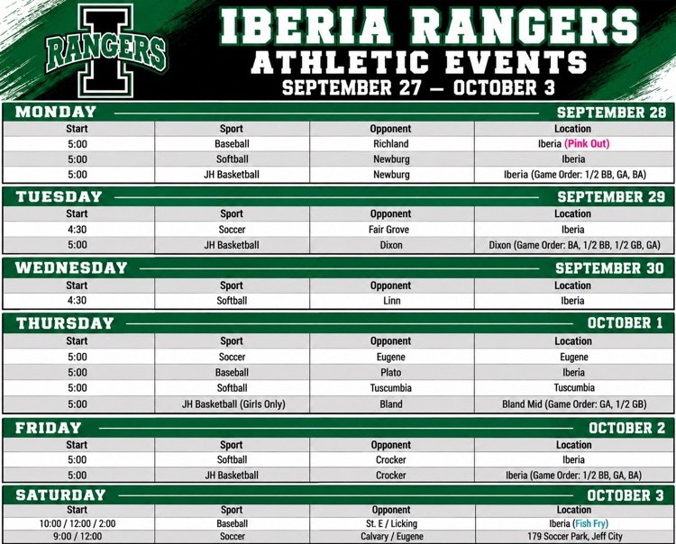 Athletic Events Sept 28-Oct3