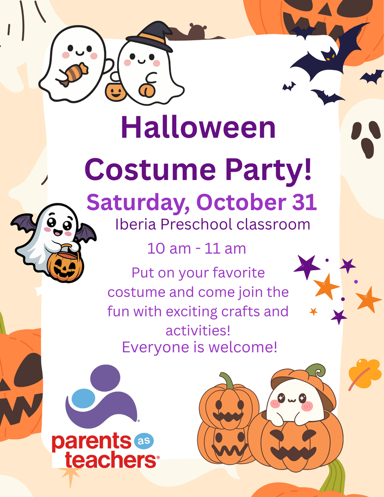 🎃👻 HALLOWEEN COSTUME PARTY! 👻🎃  Parents as Teachers invites you to a fun-filled Halloween Costume Party!  📅 Saturday, October 31st ⏰ 10:00–11:00 AM 📍 Iberia Preschool Classroom  Put on your favorite costume and come join us for some Halloween fun! 🕷️🍬🎃