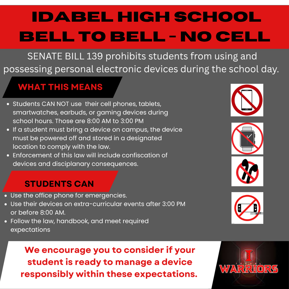 BELL TO BELL- NO CELL AT IDABEL HIGH SCHOOL