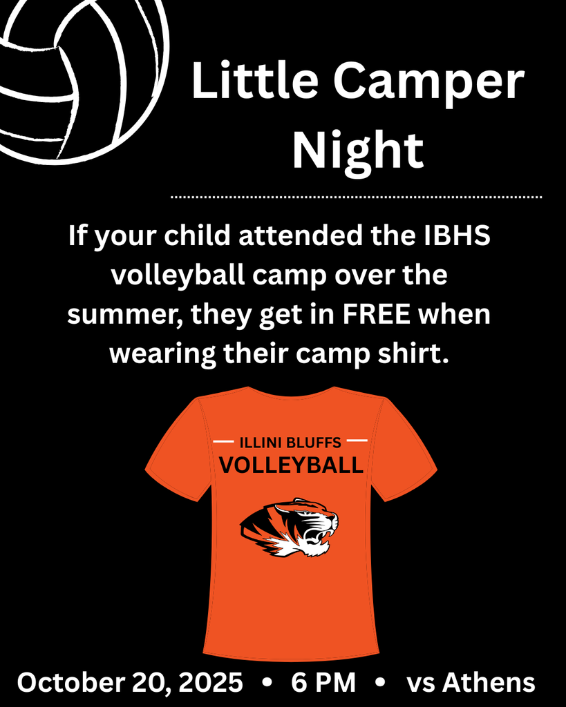 It’s Little Campers Volleyball Night! If your student attended summer volleyball camp, we’d love to see you at the 10/20 home game. Don’t forget to wear your camp t-shirt to show your support!