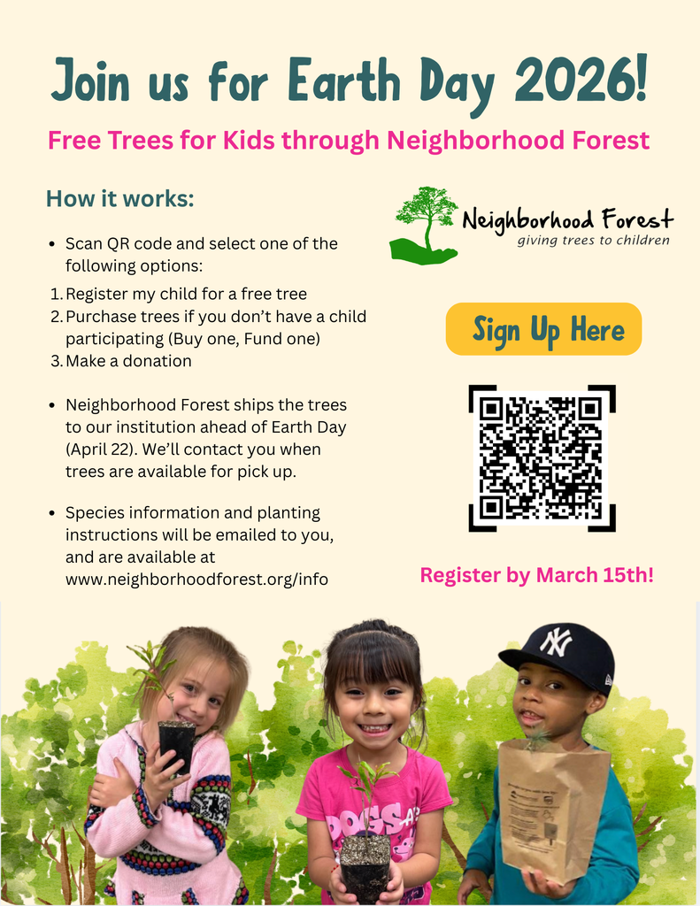 Earth Day Flyer - The Mason City Library is partnering with the nonprofit organization Neighborhood Forest to celebrate Earth Day by giving free trees to children in the community. Families can register their child by scanning the QR code or signing up online before the March 15 deadline. Trees will be delivered to the library before Earth Day on April 22, and families will be notified when they are ready for pickup. The program aims to encourage environmental stewardship while helping communities plant more trees.