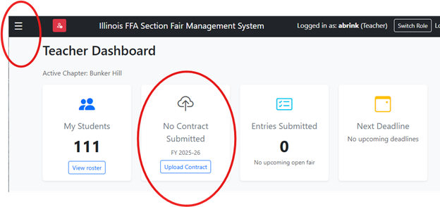 Screenshot of Fair System Teacher Dashboard with No Contract Submitted button circled in red