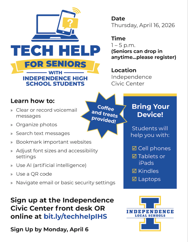 Our students are excited to help you with your tech needs this afternoon at the Civic Center!  Feel free to stop by with your phone, tablet, or other devices!