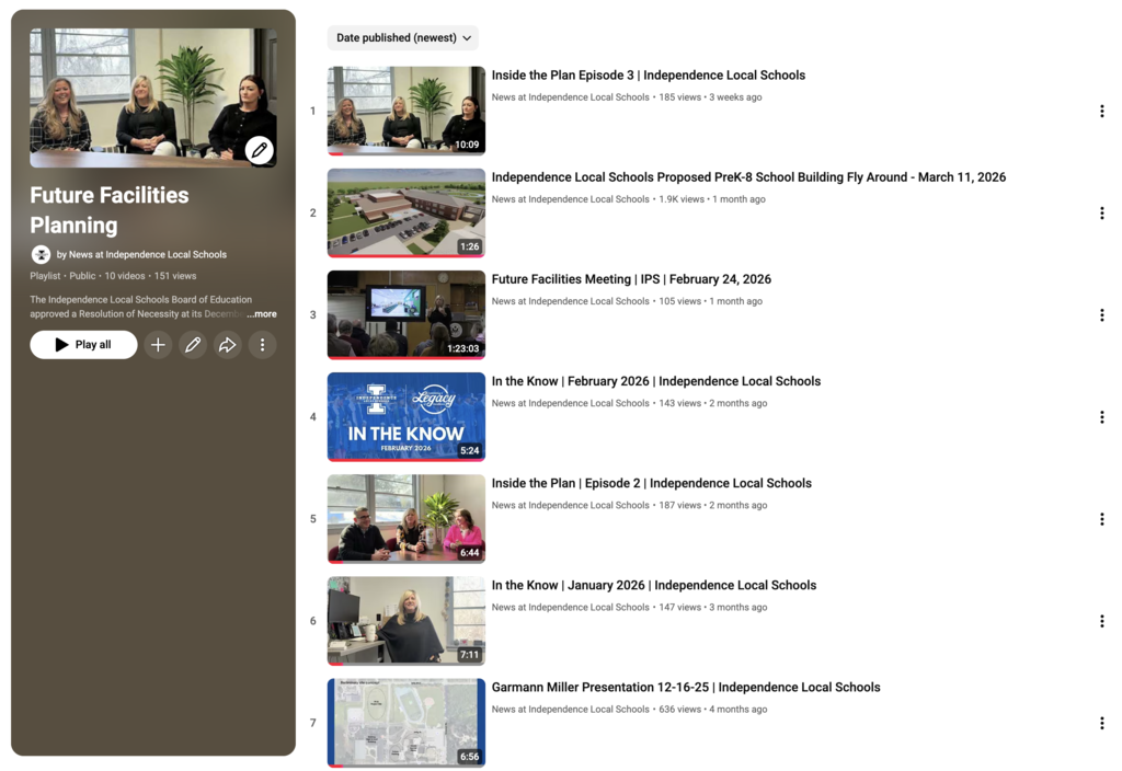 Did you know we have a YouTube channel playlist specific for the proposed PreK-8 school building?  Be sure to take some time to watch these videos. 