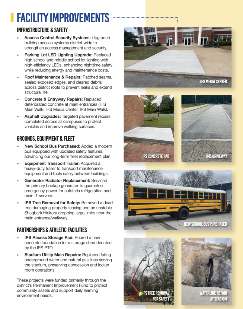list of facility improvements