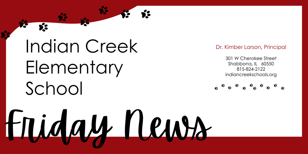 White background with a red border. "Indian Creek Elementary School" and "Friday News" are in black. Paw print icons and contact info are also present.