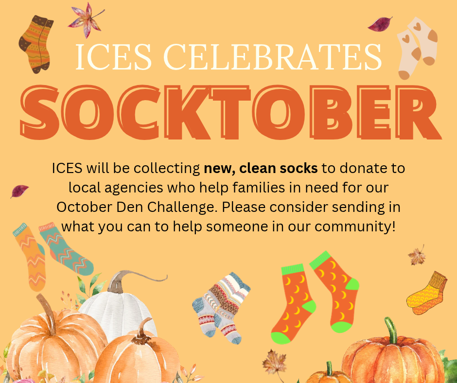 Poster with text "ICES CELEBRATES SOCKTOBER" and images of socks and pumpkins, promoting a sock donation event.