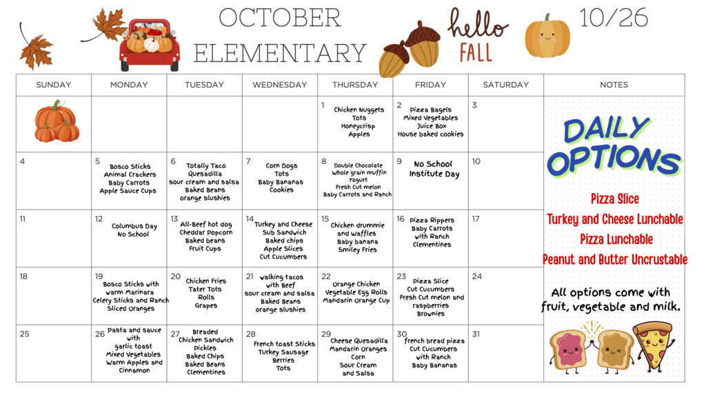 A monthly calendar for October, featuring icons like pumpkins, cars, and acorns. It includes daily options.