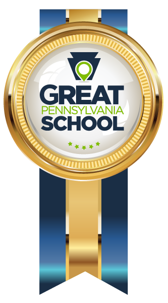 Gold medal with "Great Pennsylvania School" text on a blue ribbon against a black background.