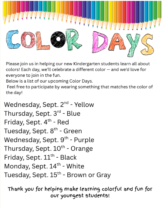 A flyer lists color days for new kindergarten students, from Yellow on Sept. 2 to Brown or Gray on Sept. 15.