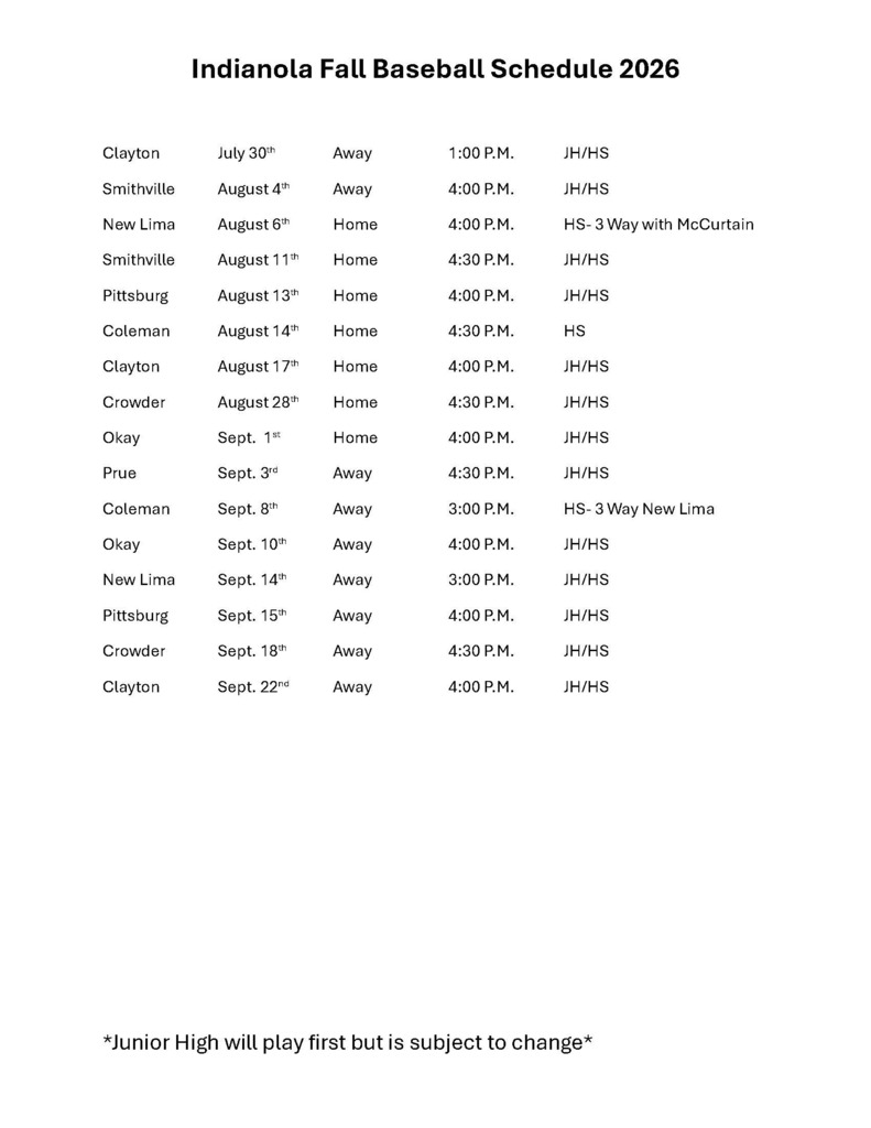 Fall Baseball Schedule