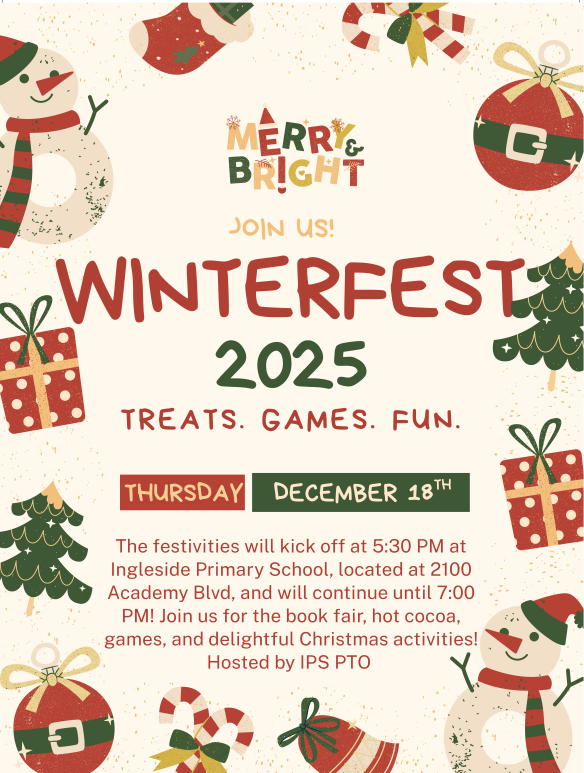 Holiday Themed invitation to WinterFest on  Dec 18 at 5:30 PM