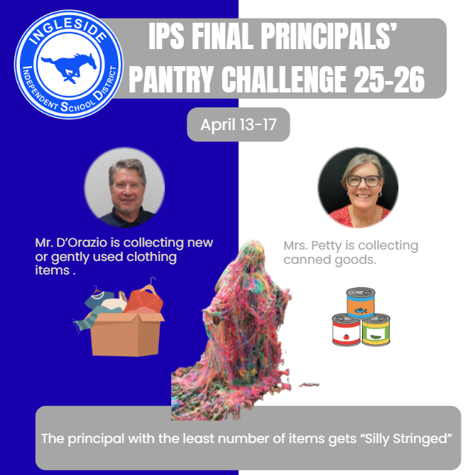 Principal and Assistant Principal pictured abouve canned food and clothing.  One figure covered in silly string. 