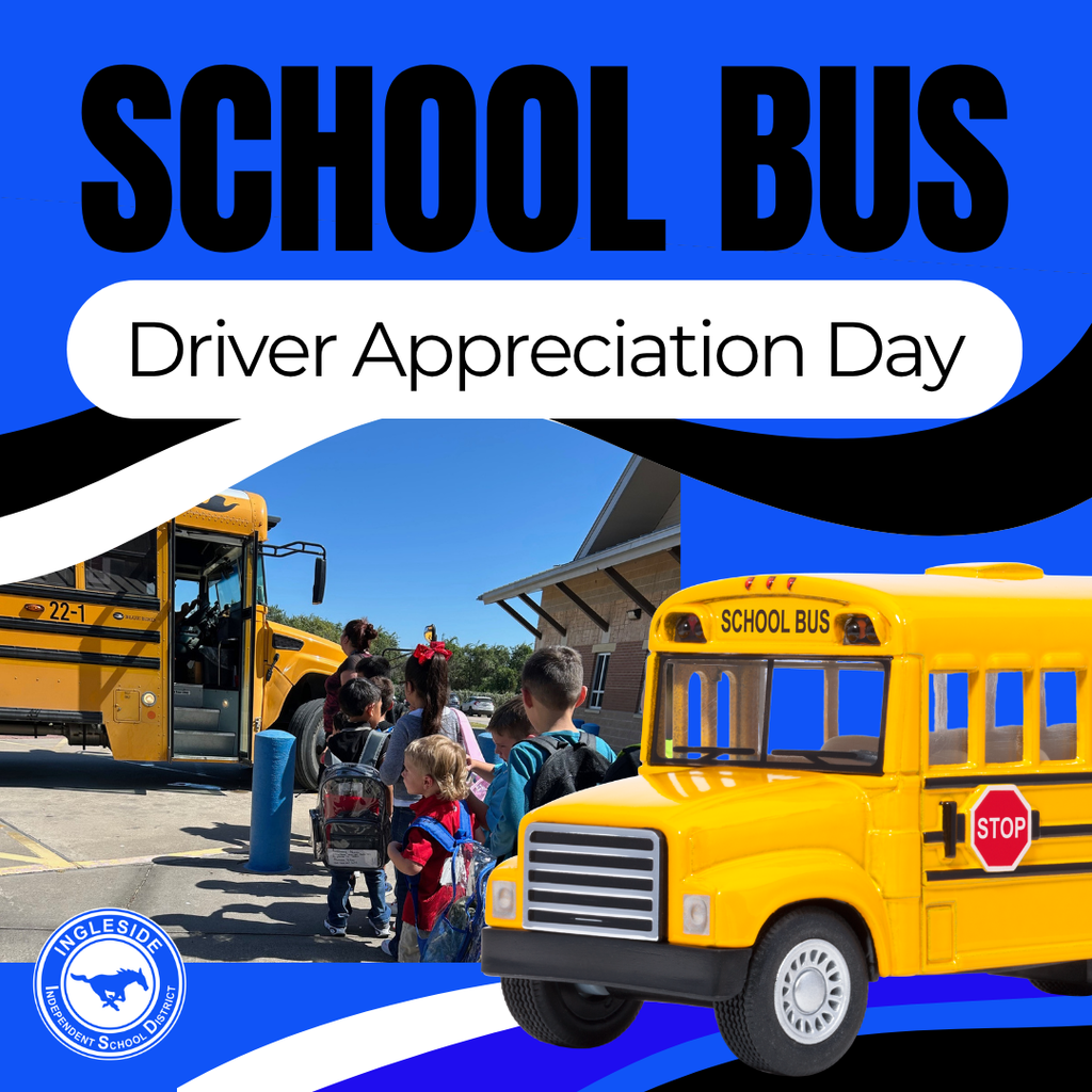 A school bus on a blue background with children standing in front of it.