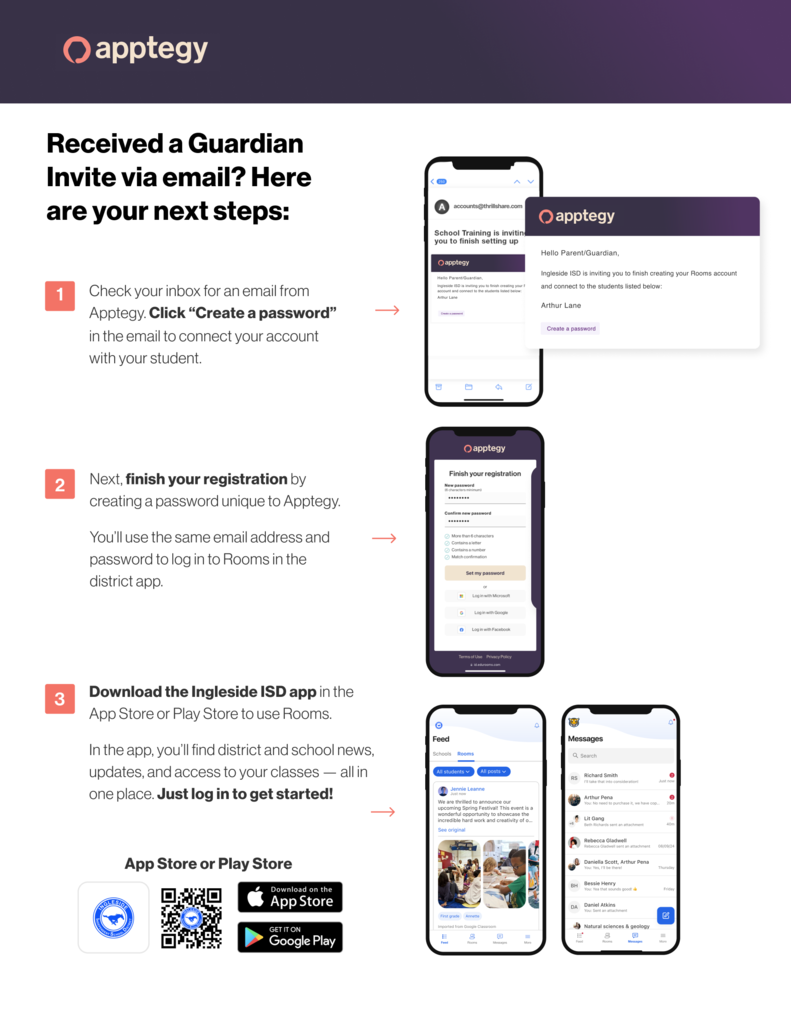 A diagram with numbered steps and mobile phone screenshots, guiding users on how to handle a Guardian Invite via email.