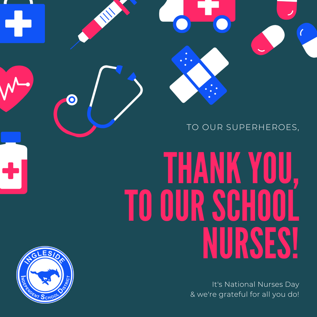 Poster with medical icons and a school logo. Text reads, "Thank You, to Our School Nurses!" Below is, "It's National Nurses Day & We're Grateful for All You Do."