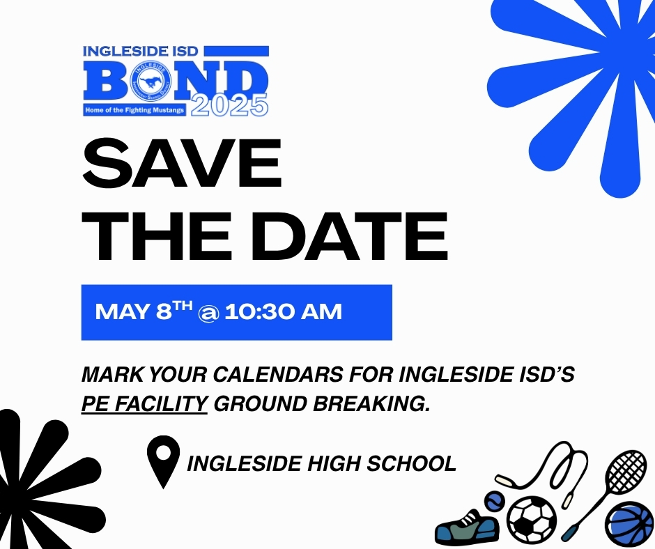 White background with blue flower and text. "Save the date" in bold. Below, a location pin, "Ingleside High School". Date: May 8, time: 10:30 AM.