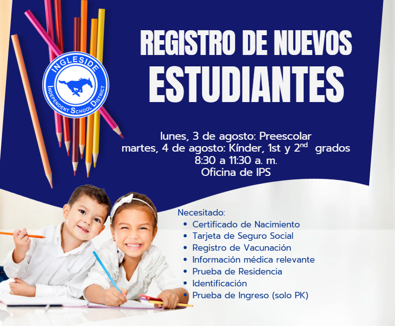 Flyer with text and image of two children with pencils, one holding a book.