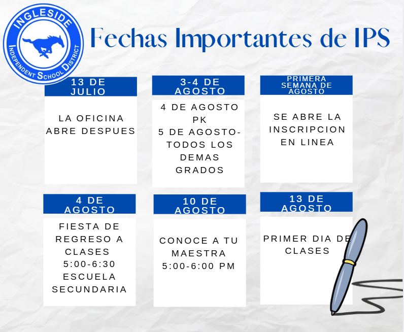 A white background displays a series of blue and white boxes with dates and text related to school events.