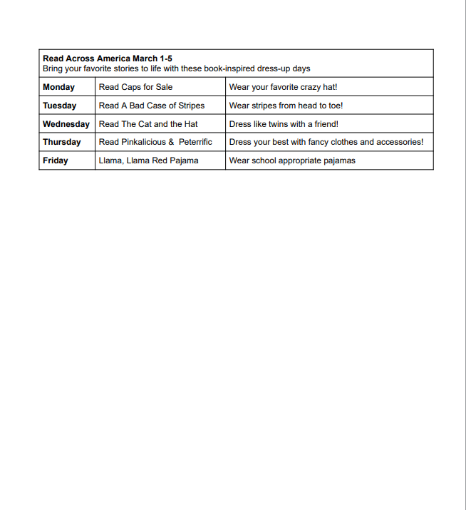 Lists of all the dress up/ Spirit Days for IPS