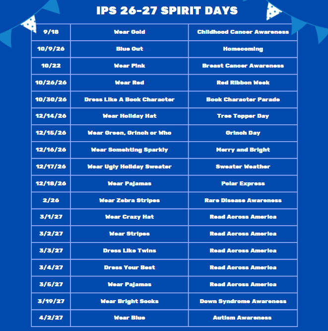 Table describing dress up days for IPS