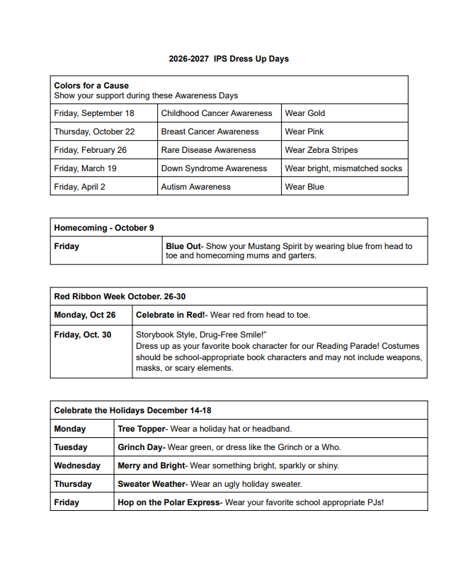 A document displays a list of themed dress days, dates, and color themes for a school.